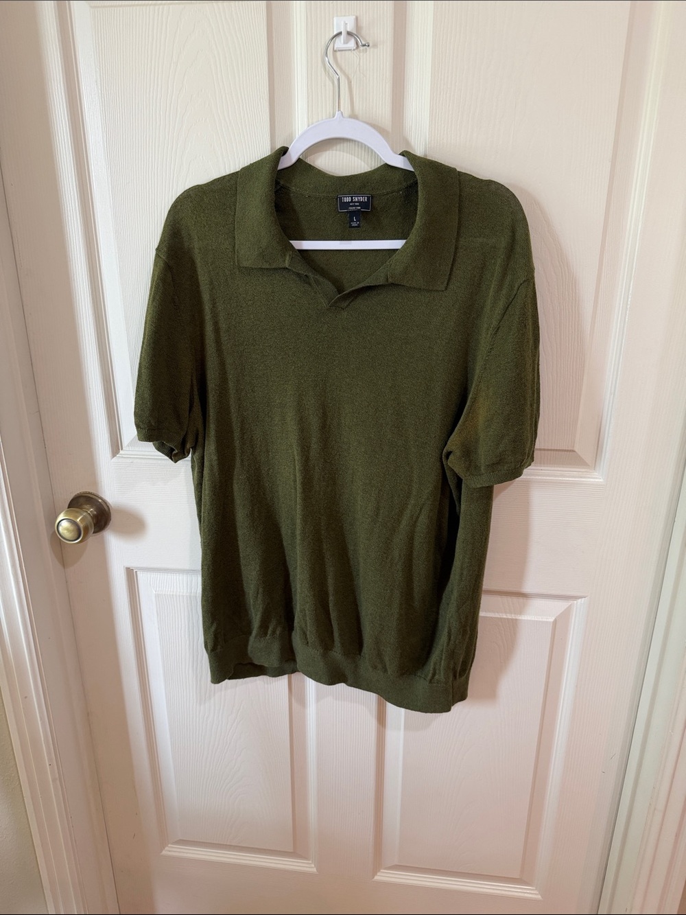 Todd Snyder Olive Linen  Collared Short Sleeve Sweater Shirt Sz L.  Box10